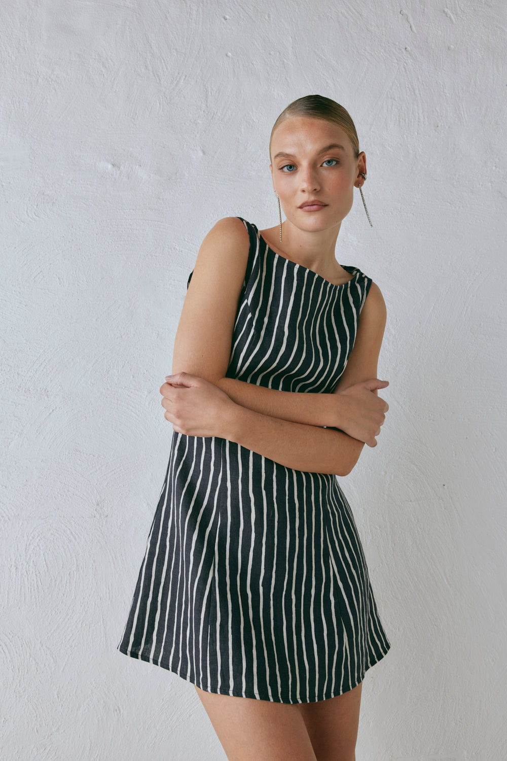 Chloe Linen Mini Dress Black Stripe