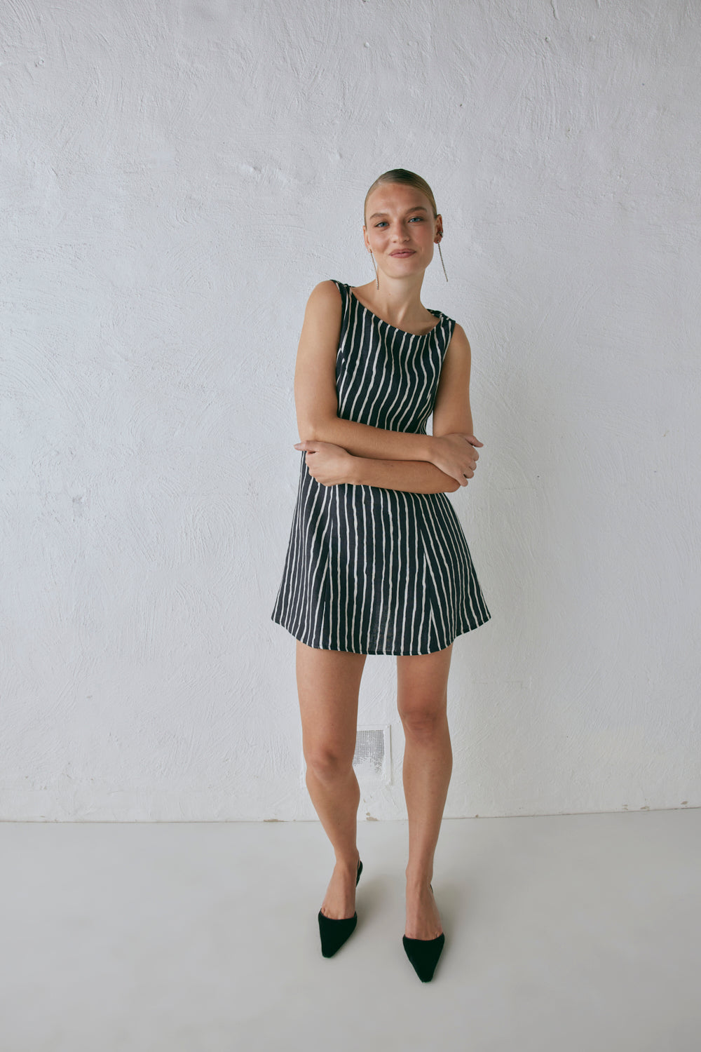 Chloe Linen Mini Dress Black Stripe