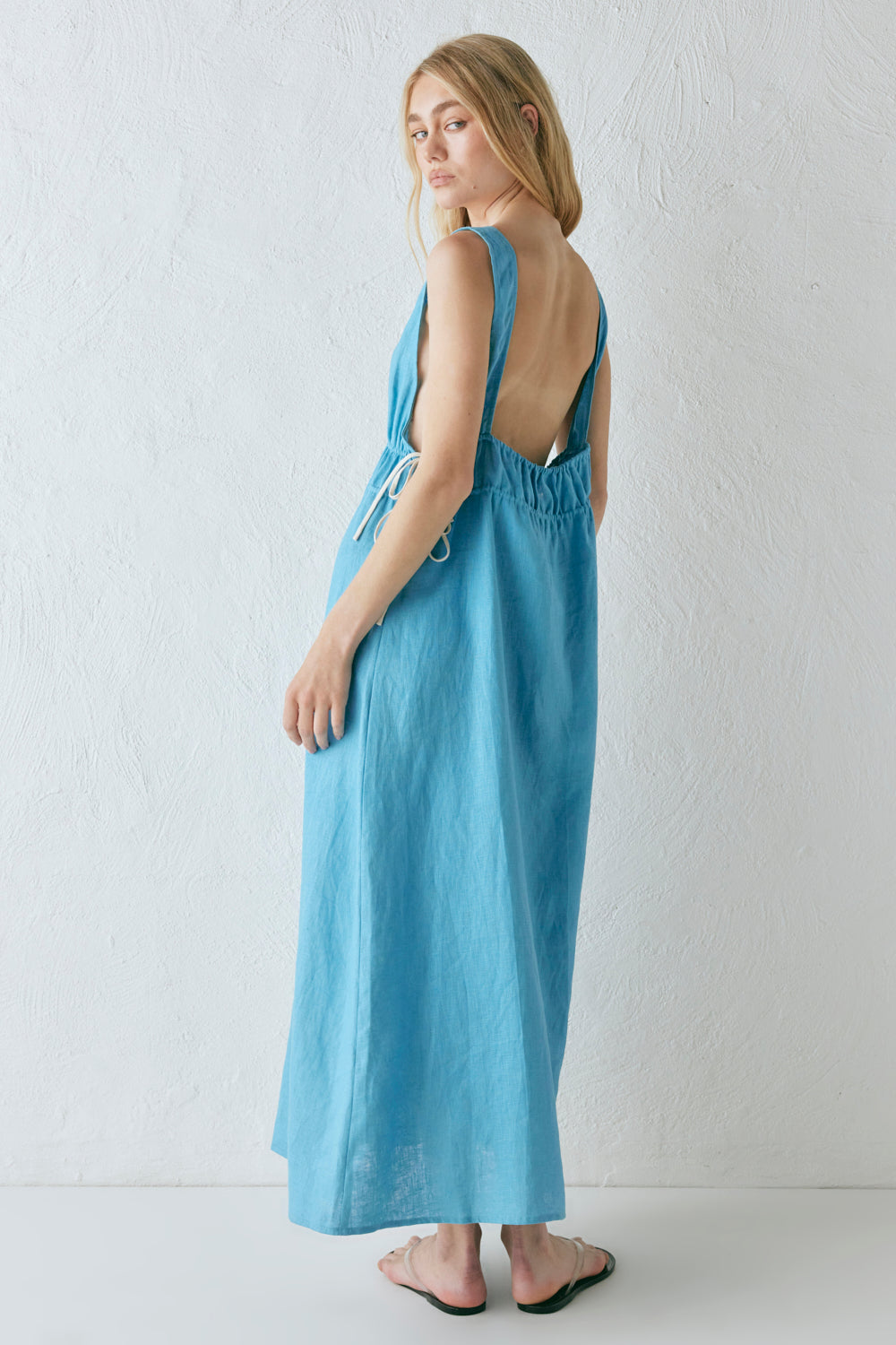 Paros Palms Linen Midi Dress Sea