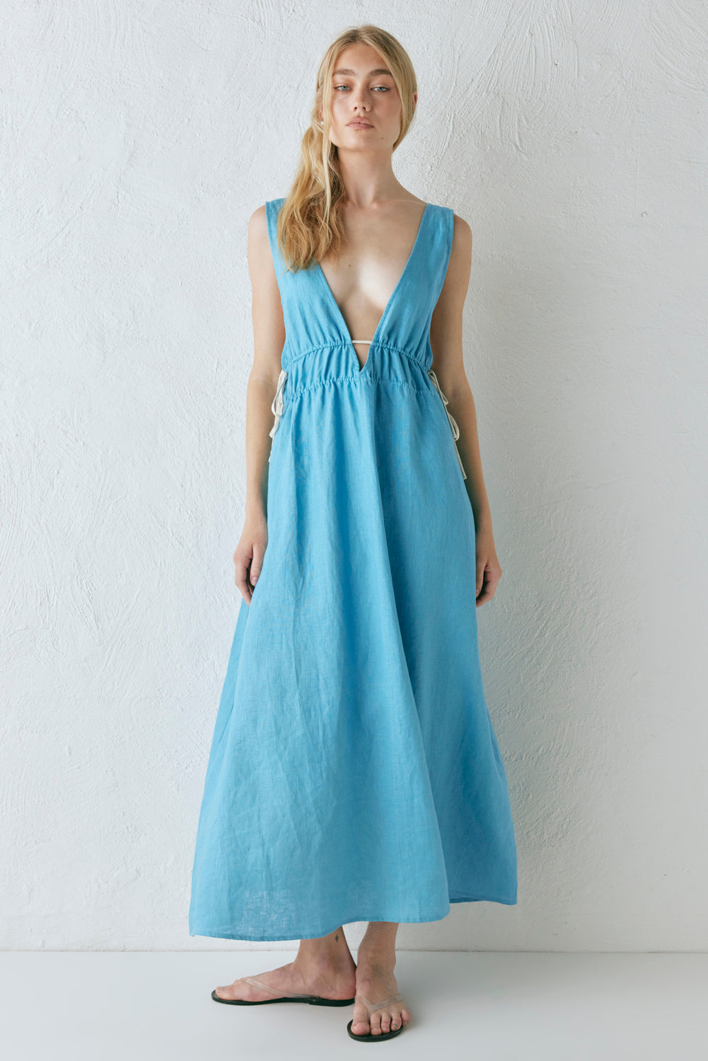 Paros Palms Linen Midi Dress Sea