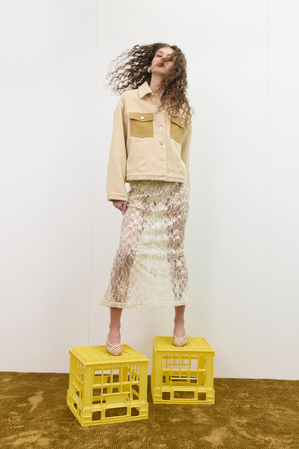 Devyn Sequin Midi Skirt Apricot