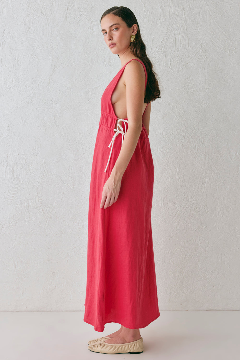 Paros Palms Linen Midi Dress Red