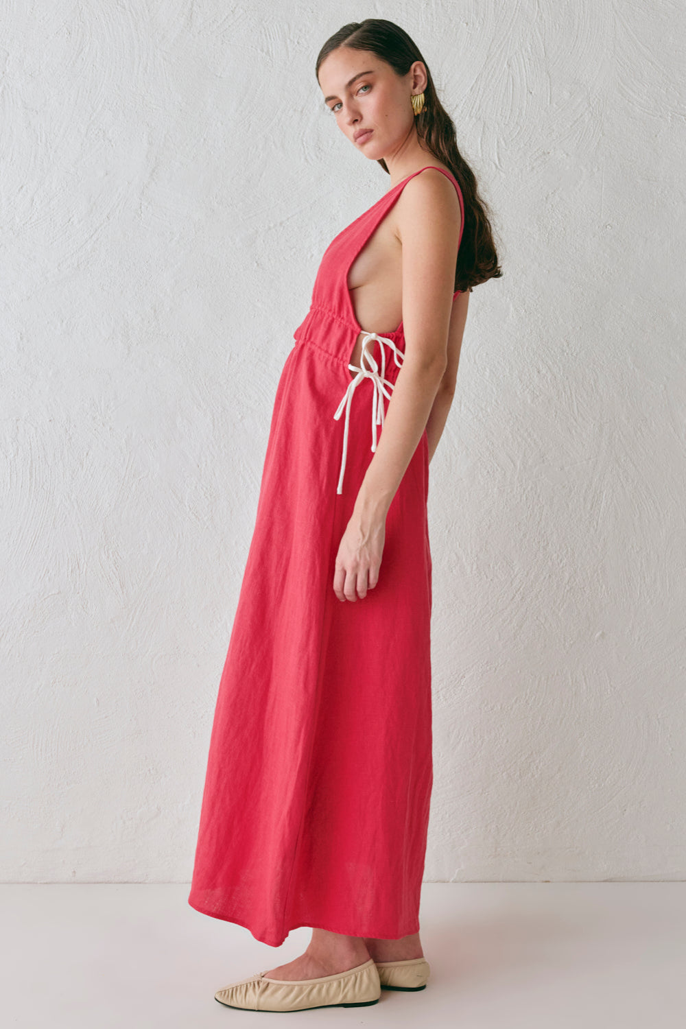 Paros Palms Linen Midi Dress Red