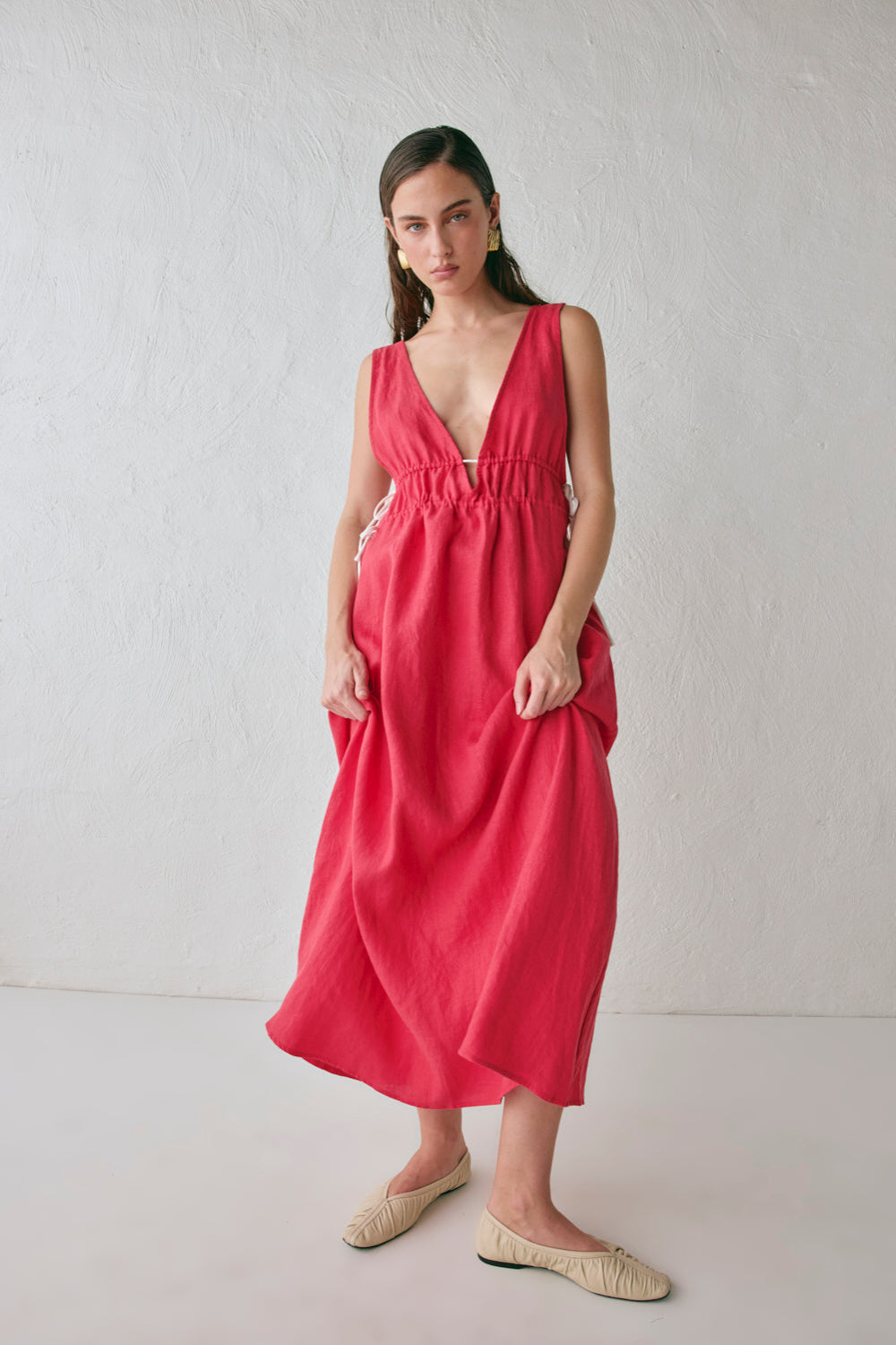Paros Palms Linen Midi Dress Red