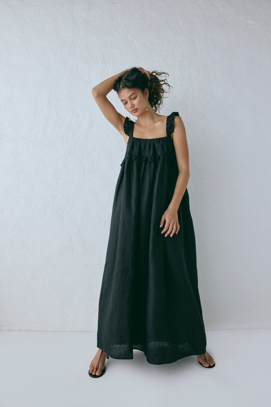 Rossana Linen Maxi Dress Black