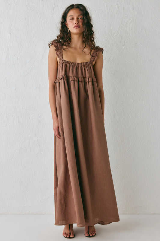 Rossana Linen Maxi Dress Chocolate