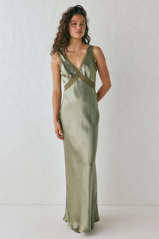 Meet Me On The Dance Floor Bias Cut Maxi Dress Olive