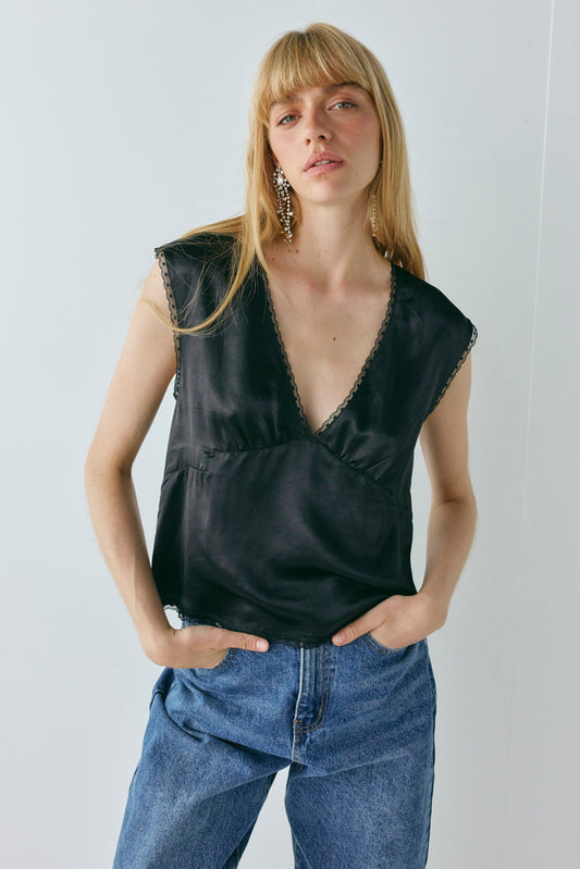 Flores Satin Top Black