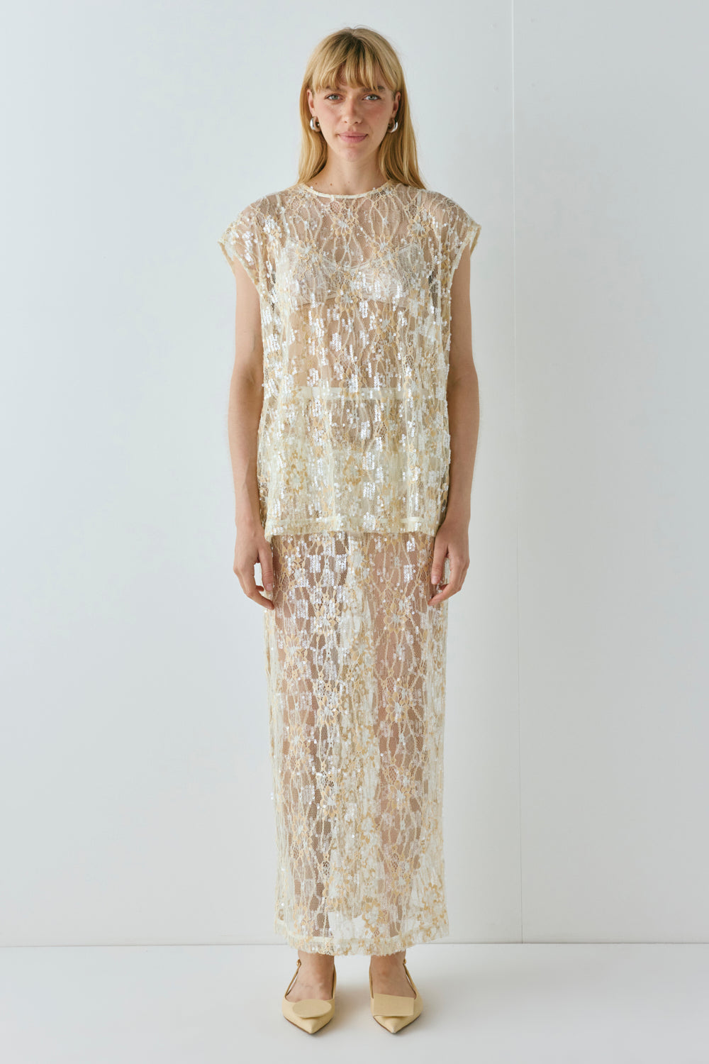 Devyn Sequin Midi Skirt Apricot
