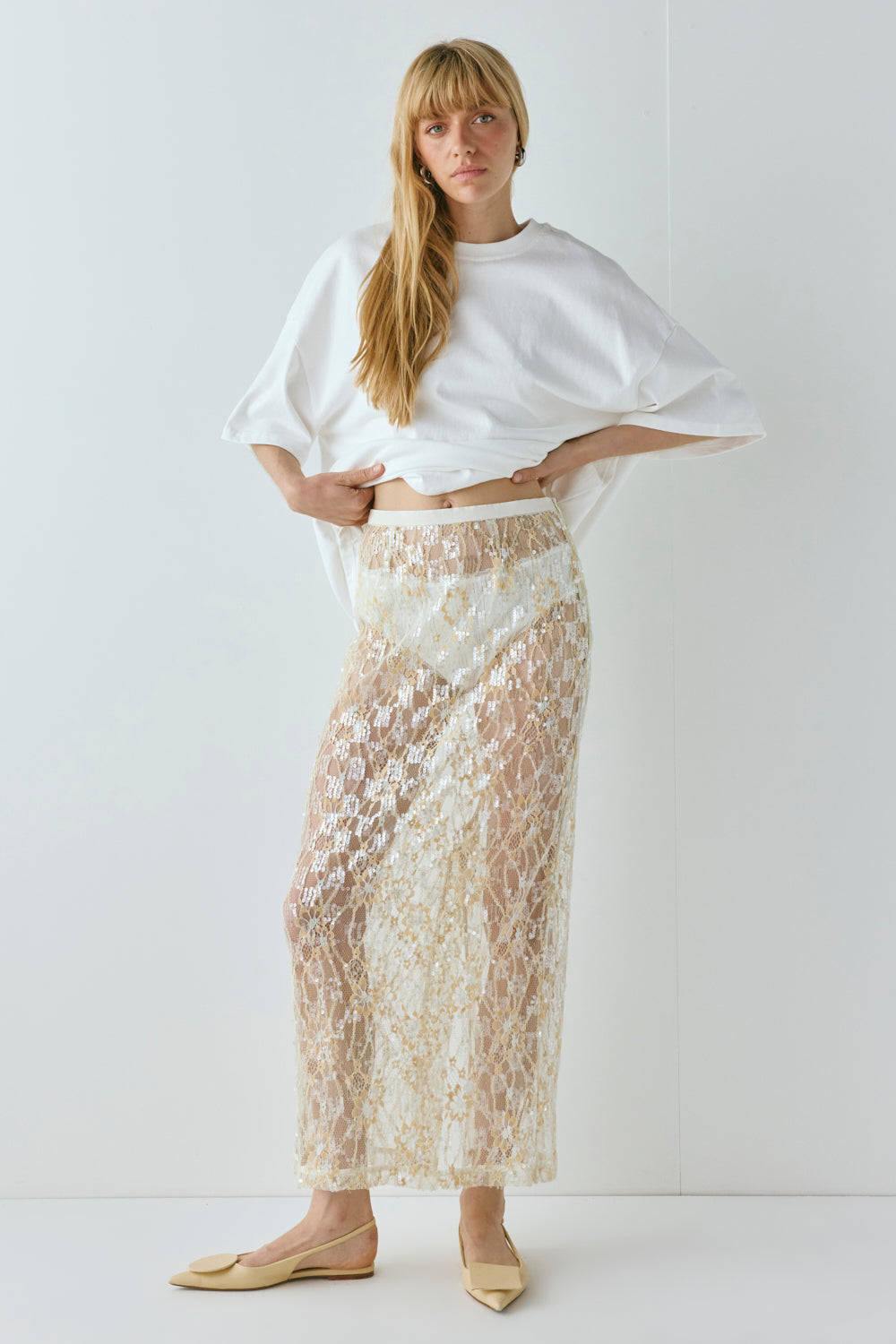 Devyn Sequin Midi Skirt Apricot