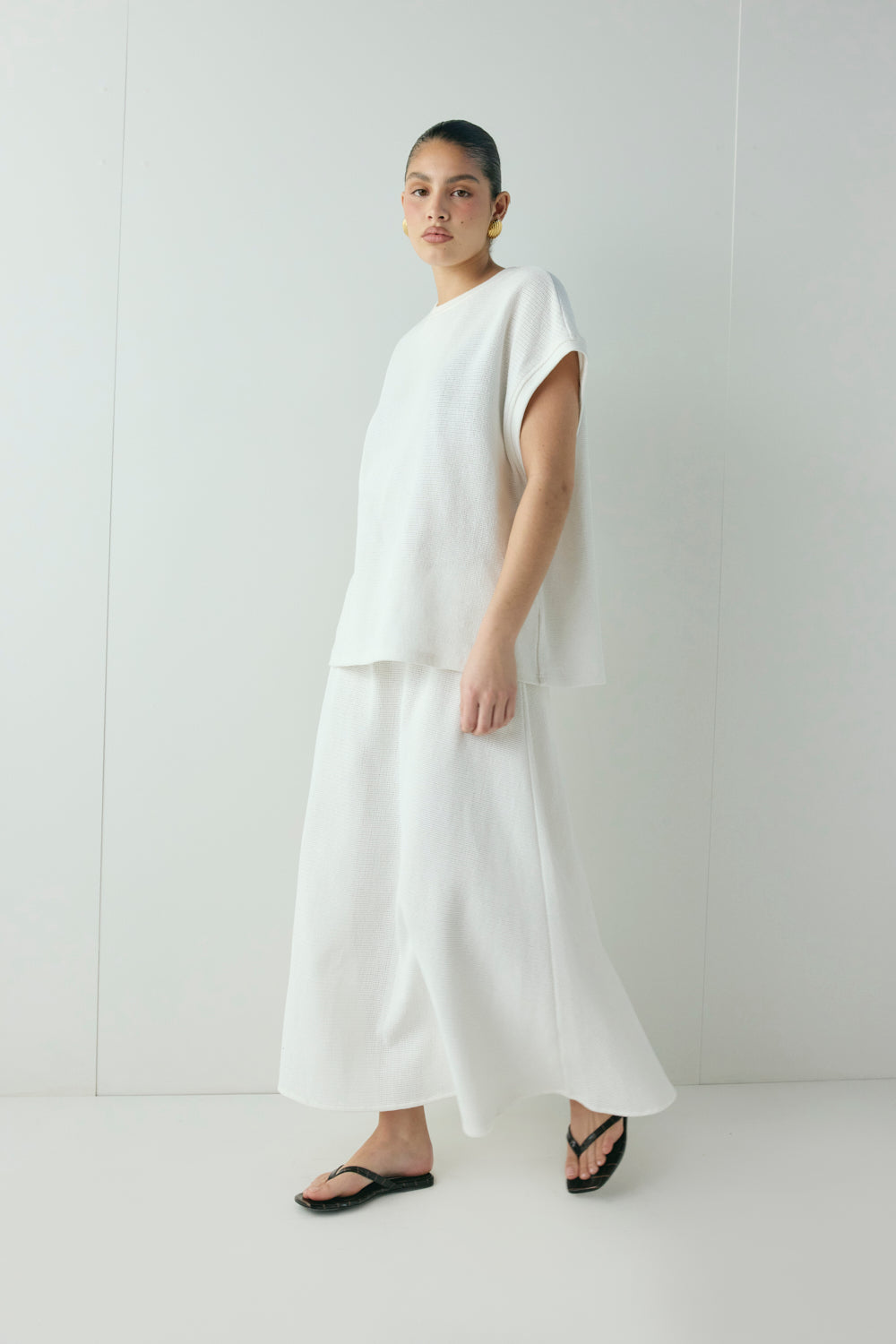 Solara Waffle Midi Skirt White