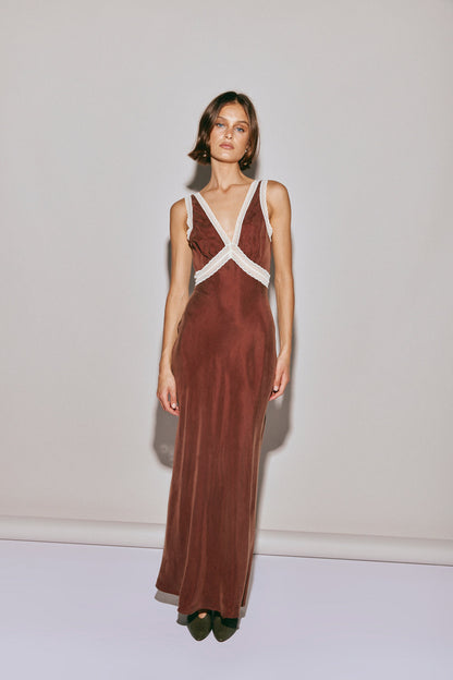 Meet Me On The Dance Floor Bias Cut Maxi Dress Umber