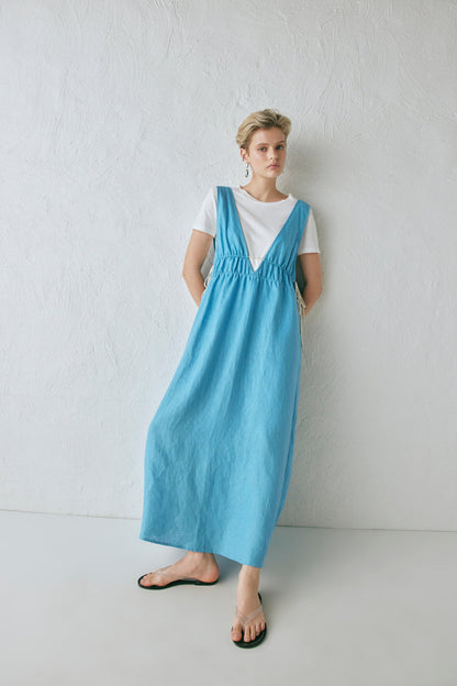 Paros Palms Linen Midi Dress Sea
