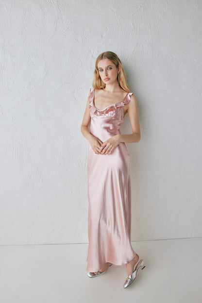 Rosalia Satin Bias Cut Maxi Dress Blush