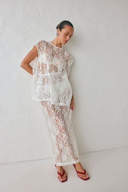 Devyn Sequin Midi Skirt White