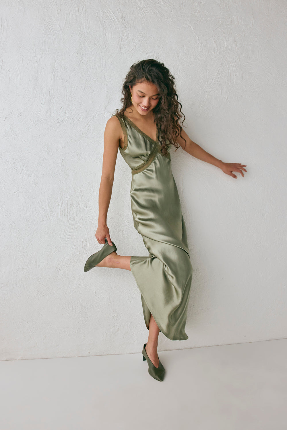 Meet Me On The Dance Floor Bias Cut Maxi Dress Olive