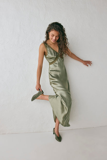 Meet Me On The Dance Floor Bias Cut Maxi Dress Olive