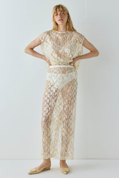 Devyn Sequin Midi Skirt Apricot