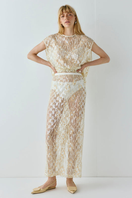 Devyn Sequin Midi Skirt Apricot