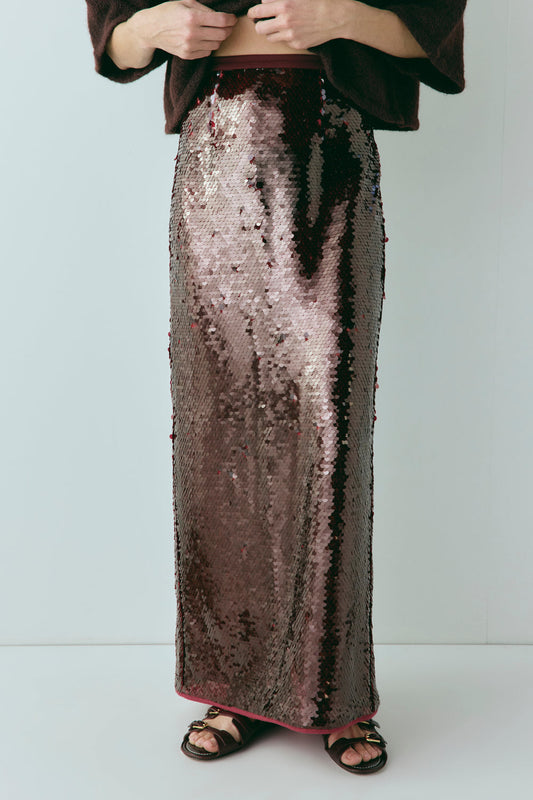 Devyn Sequin Midi Skirt Wine
